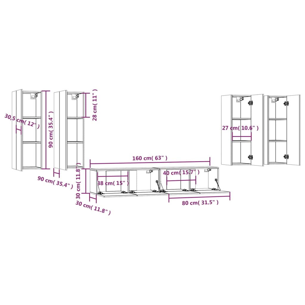 Set dulapuri TV, 6 piese, gri sonoma, lemn prelucrat