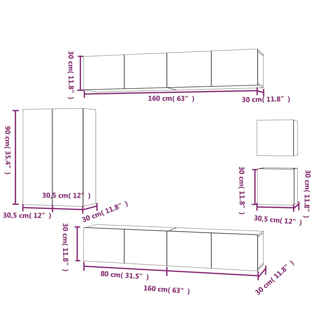 Set dulap TV, 8 piese, alb extralucios, lemn prelucrat