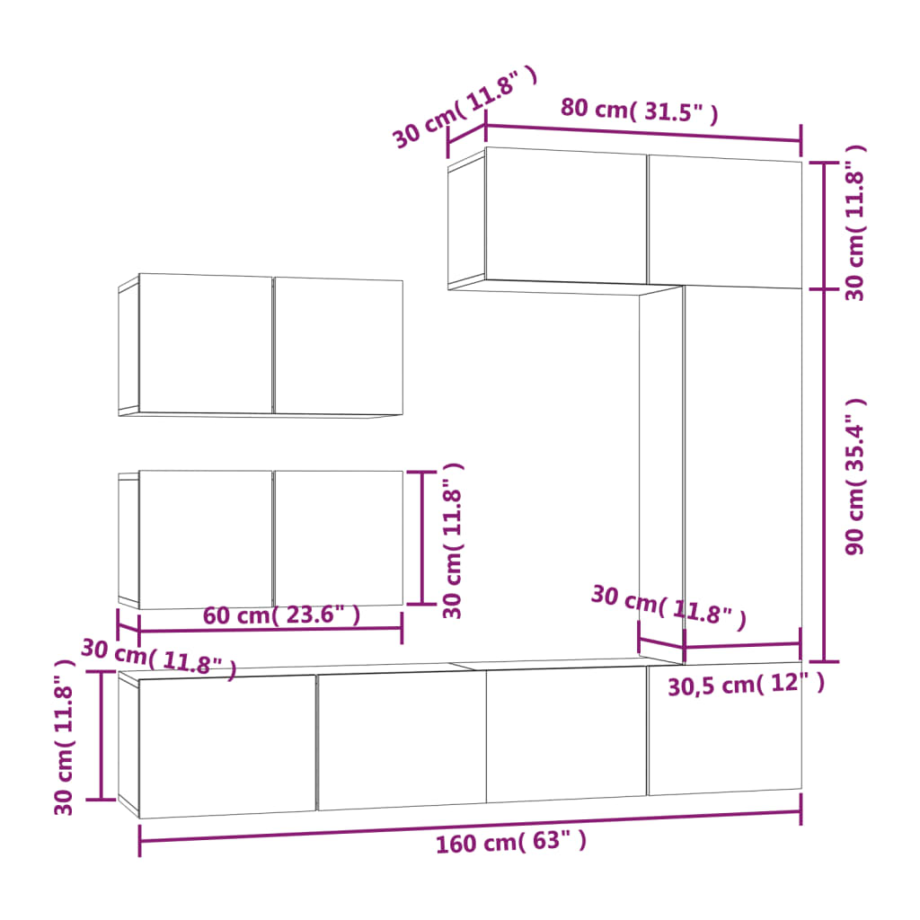 Set dulap TV, 6 piese, alb, lemn prelucrat