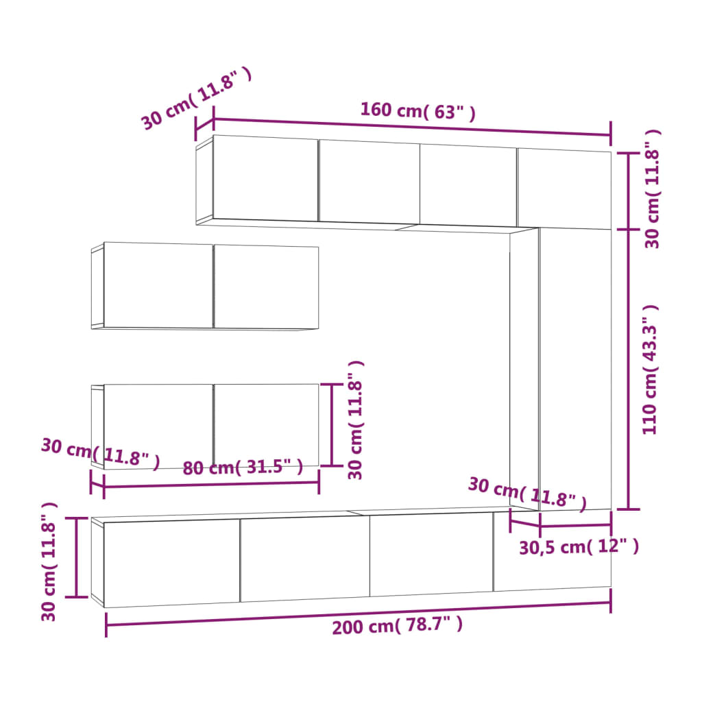 Set dulapuri TV, 7 piese, gri beton, lemn prelucrat