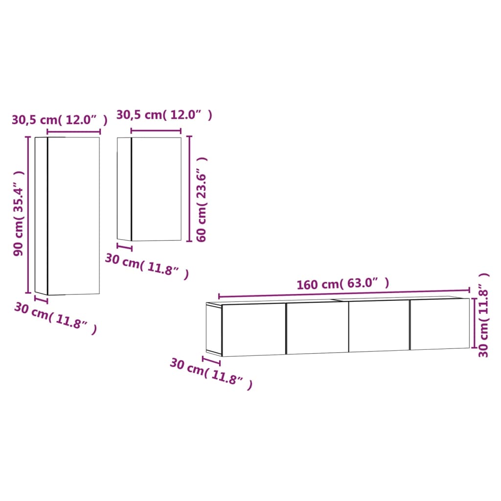 Set dulap TV, 4 piese, gri beton, lemn prelucrat