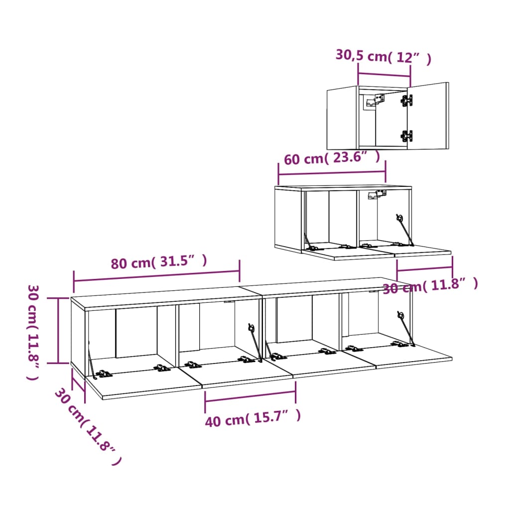 Set dulap TV, 4 piese, alb extralucios, lemn prelucrat