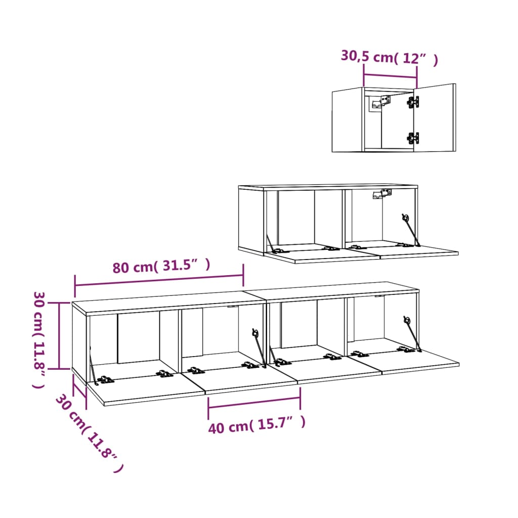 Set dulap TV, 4 piese, negru, lemn prelucrat