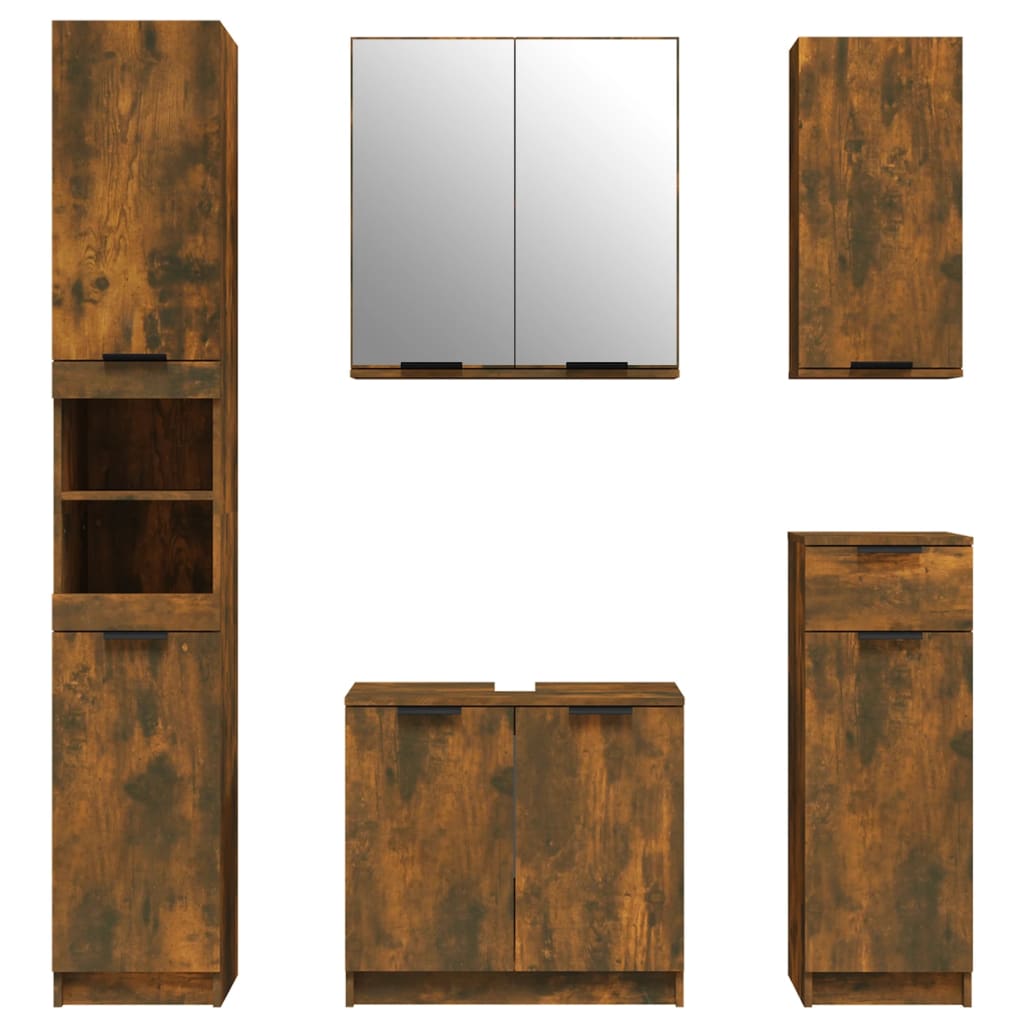 Set dulapuri de baie, 5 piese, stejar afumat, lemn prelucrat - Lando