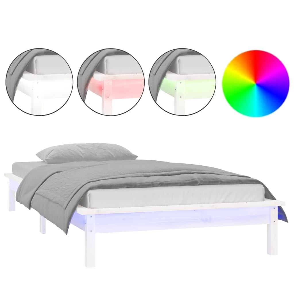 Cadru de pat cu LED mic single, alb, 75x190 cm, lemn masiv - Lando