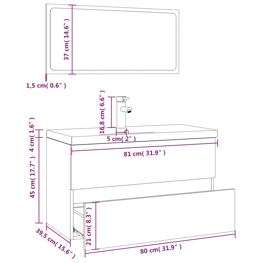 Set de mobilier de baie, stejar fumuriu, lemn prelucrat