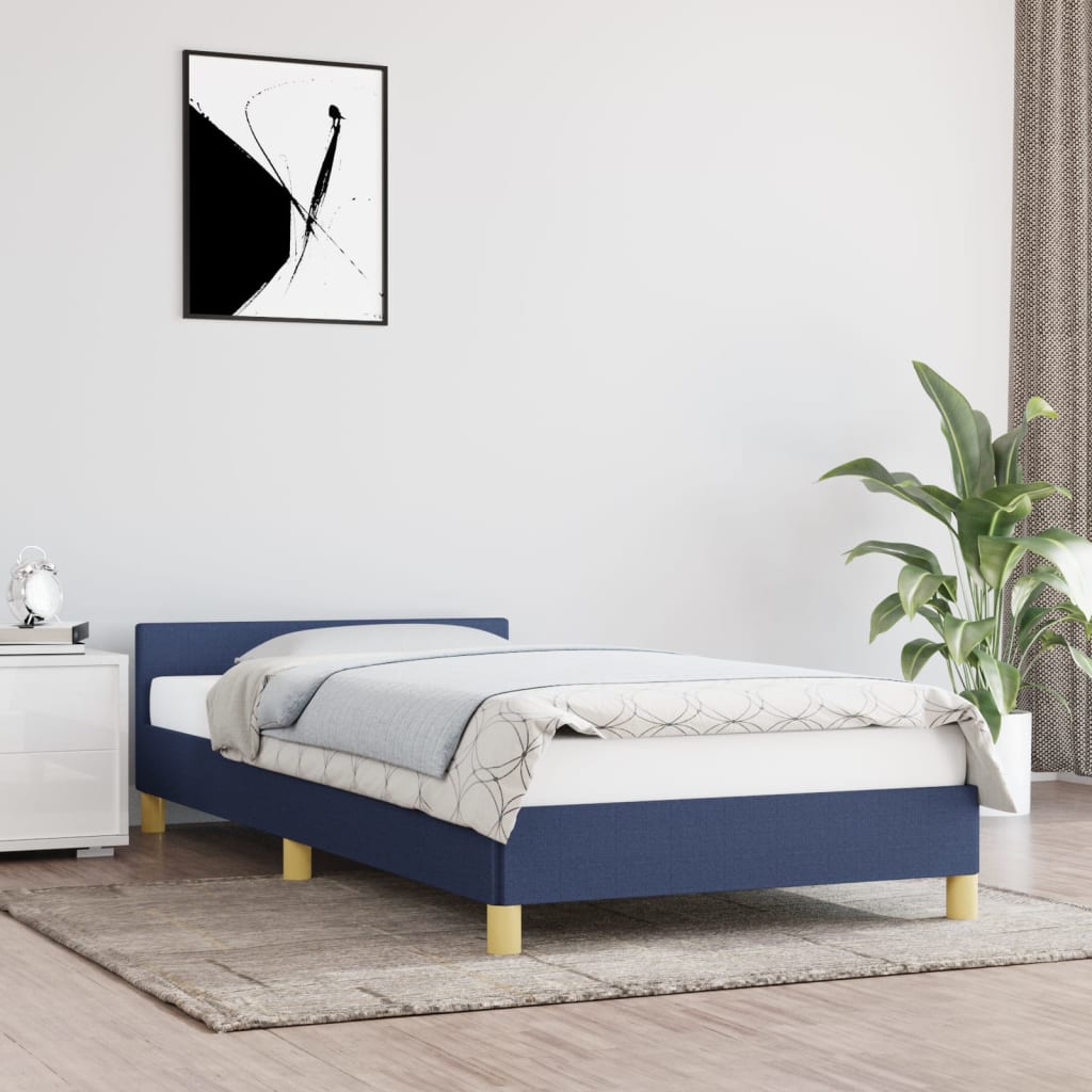 Cadru de pat cu tăblie, albastru, 90x190 cm, textil