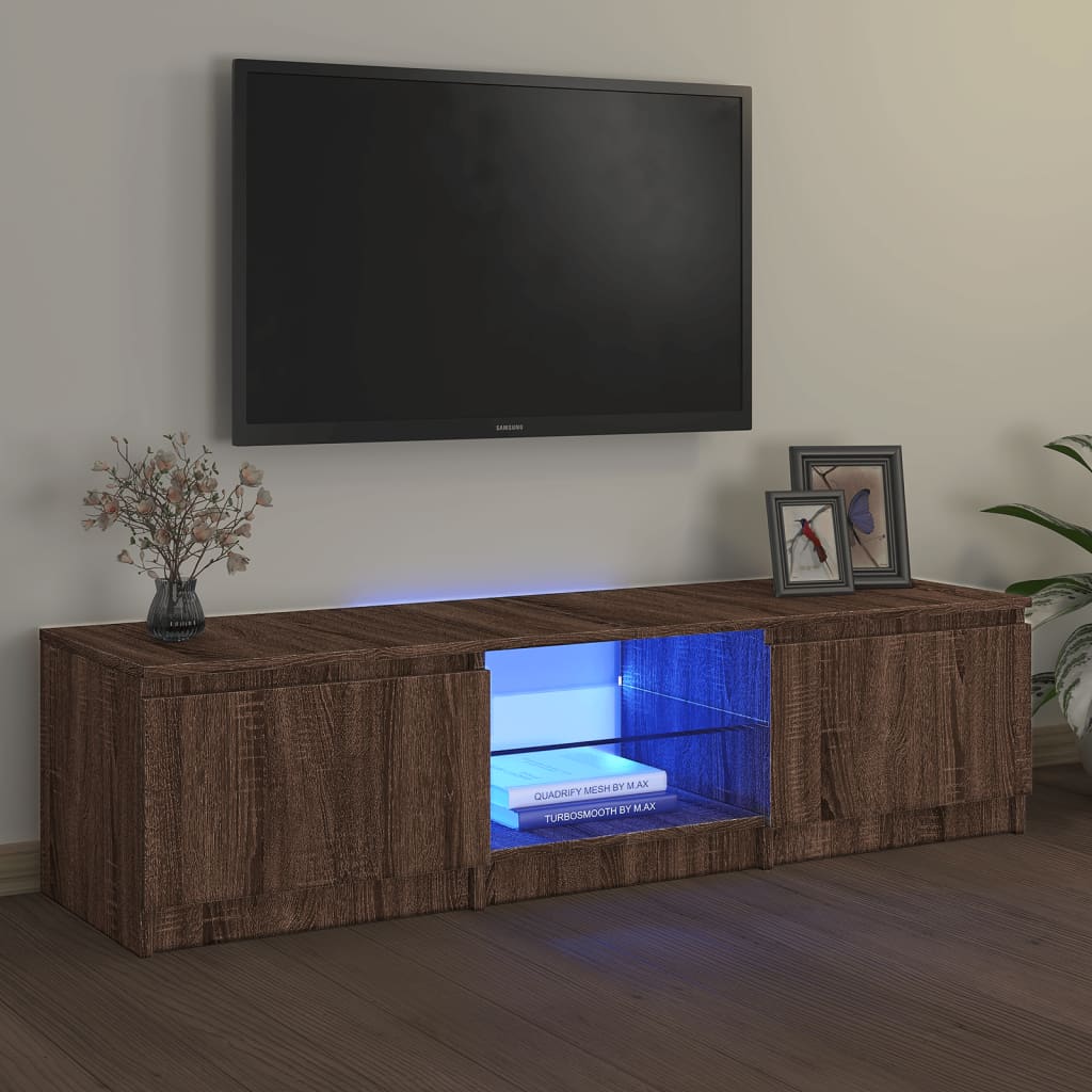 Comodă TV cu lumini LED, stejar maro, 140x40x35,5 cm