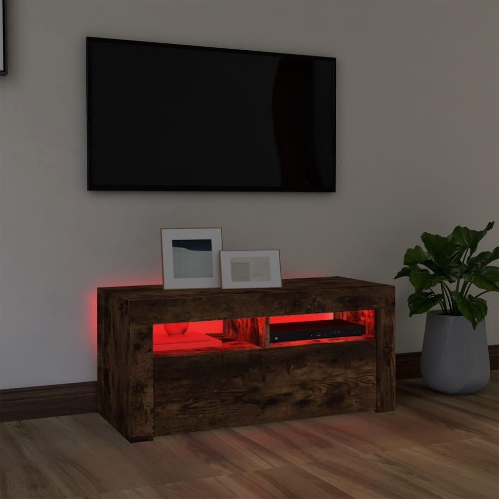 Comodă TV cu lumini LED, stejar fumuriu, 90x35x40 cm