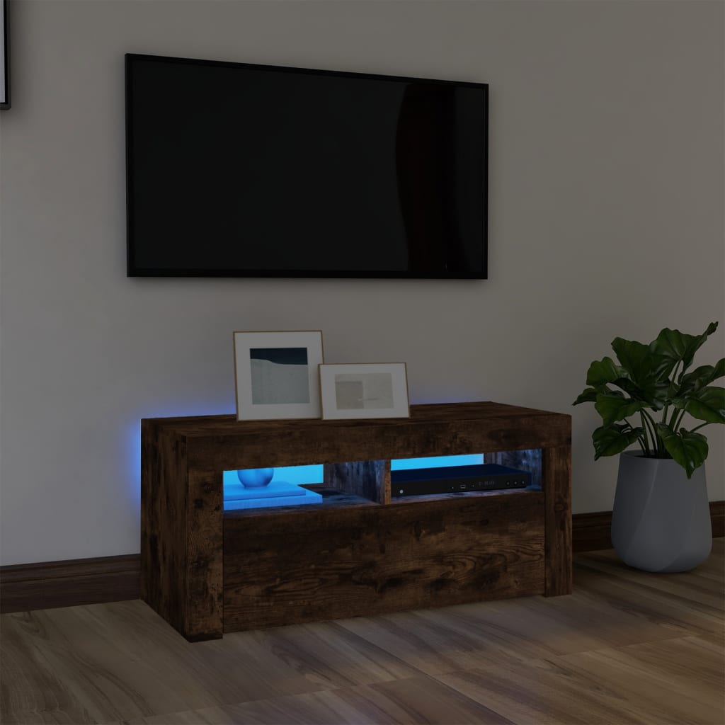 Comodă TV cu lumini LED, stejar fumuriu, 90x35x40 cm