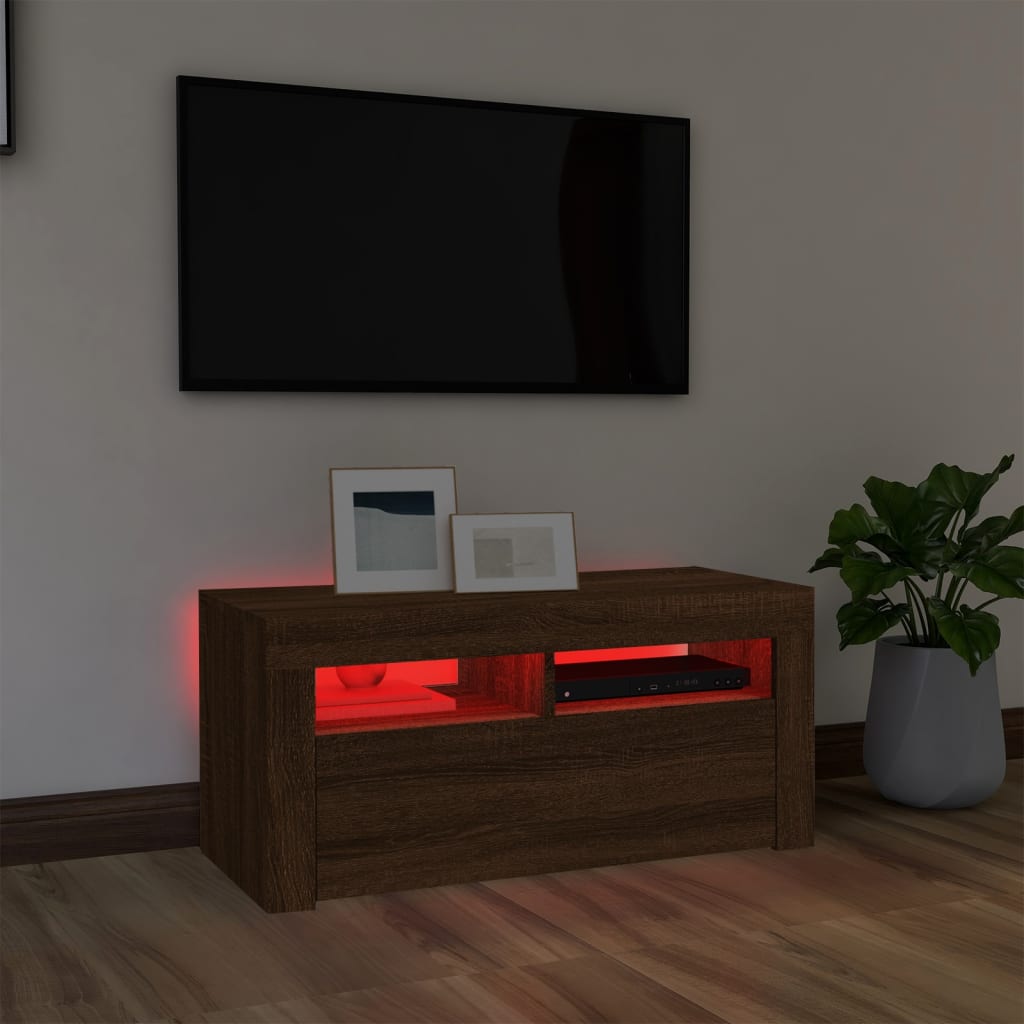 Comodă TV cu lumini LED, stejar maro, 90x35x40 cm