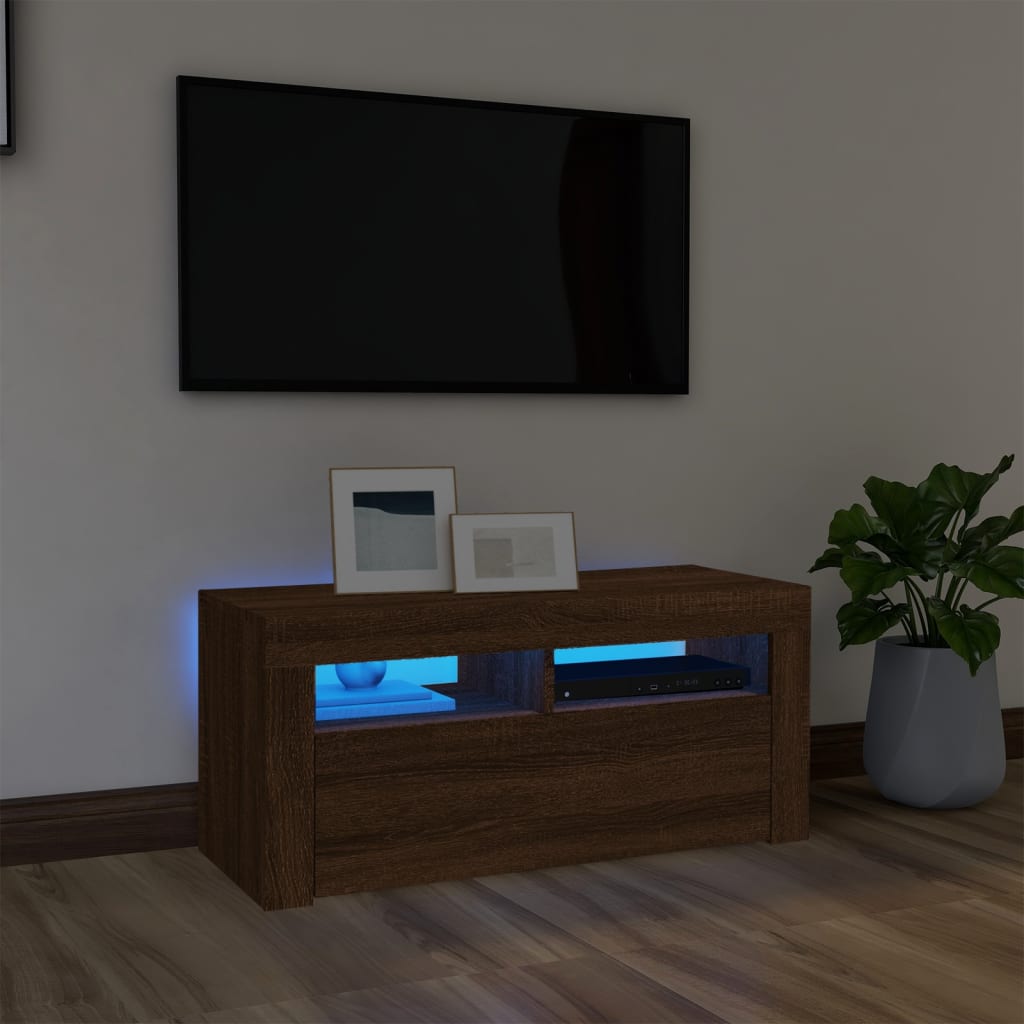 Comodă TV cu lumini LED, stejar maro, 90x35x40 cm