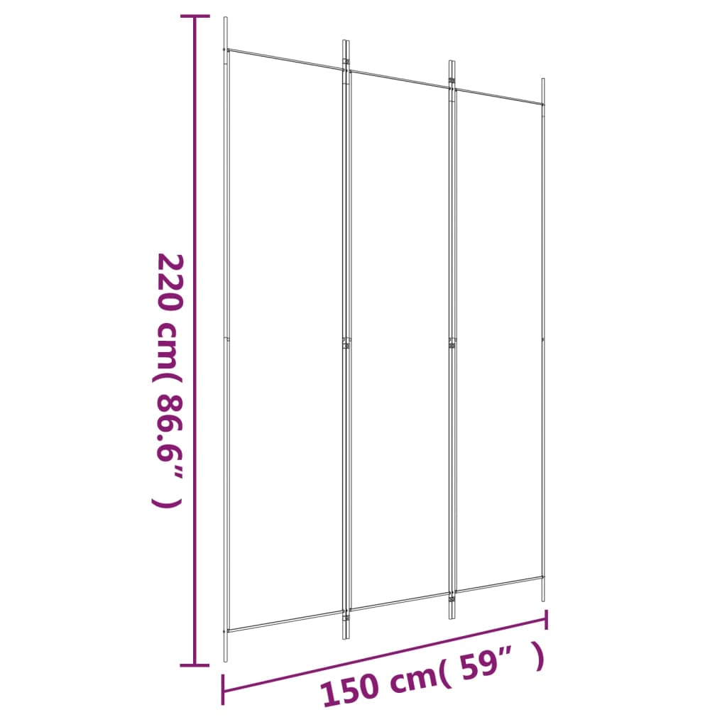 Paravan de cameră cu 3 panouri, alb, 150x220 cm, textil