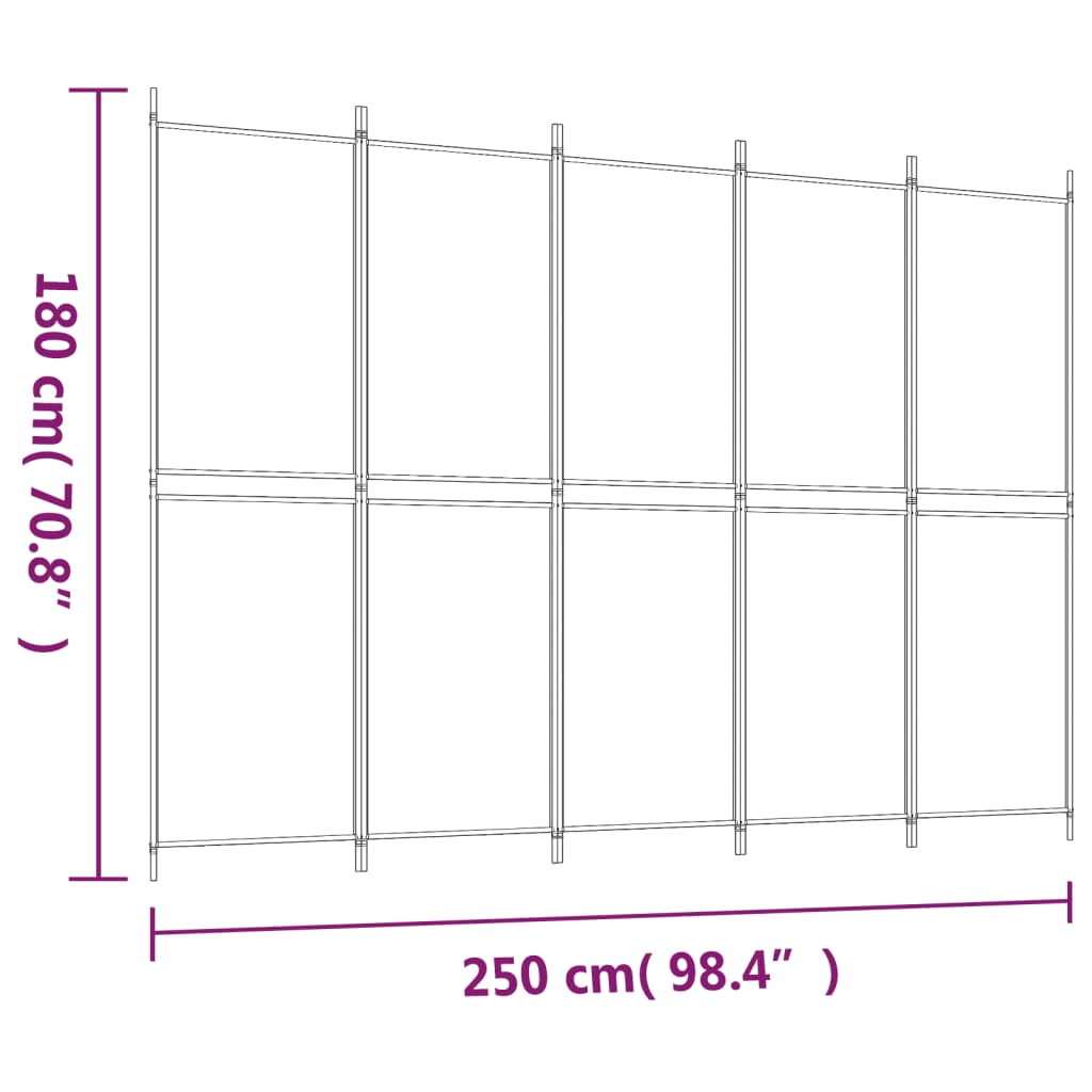 Paravan de cameră cu 5 panouri, Alb, 250 x 180 cm, textil