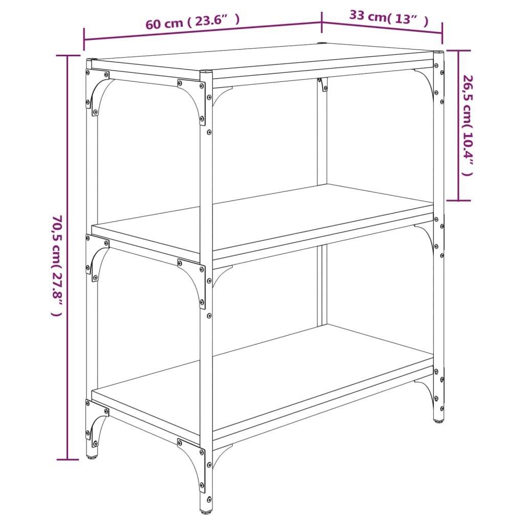 Bibliotecă, negru, 60x33x70,5 cm, lemn prelucrat și oțel