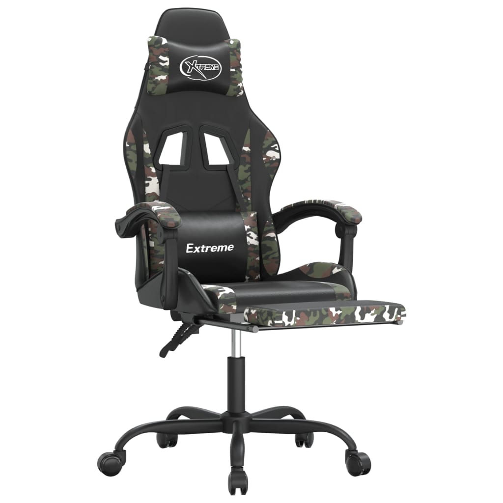 Scaun de gaming cu suport picioare negru/camuflaj piele eco