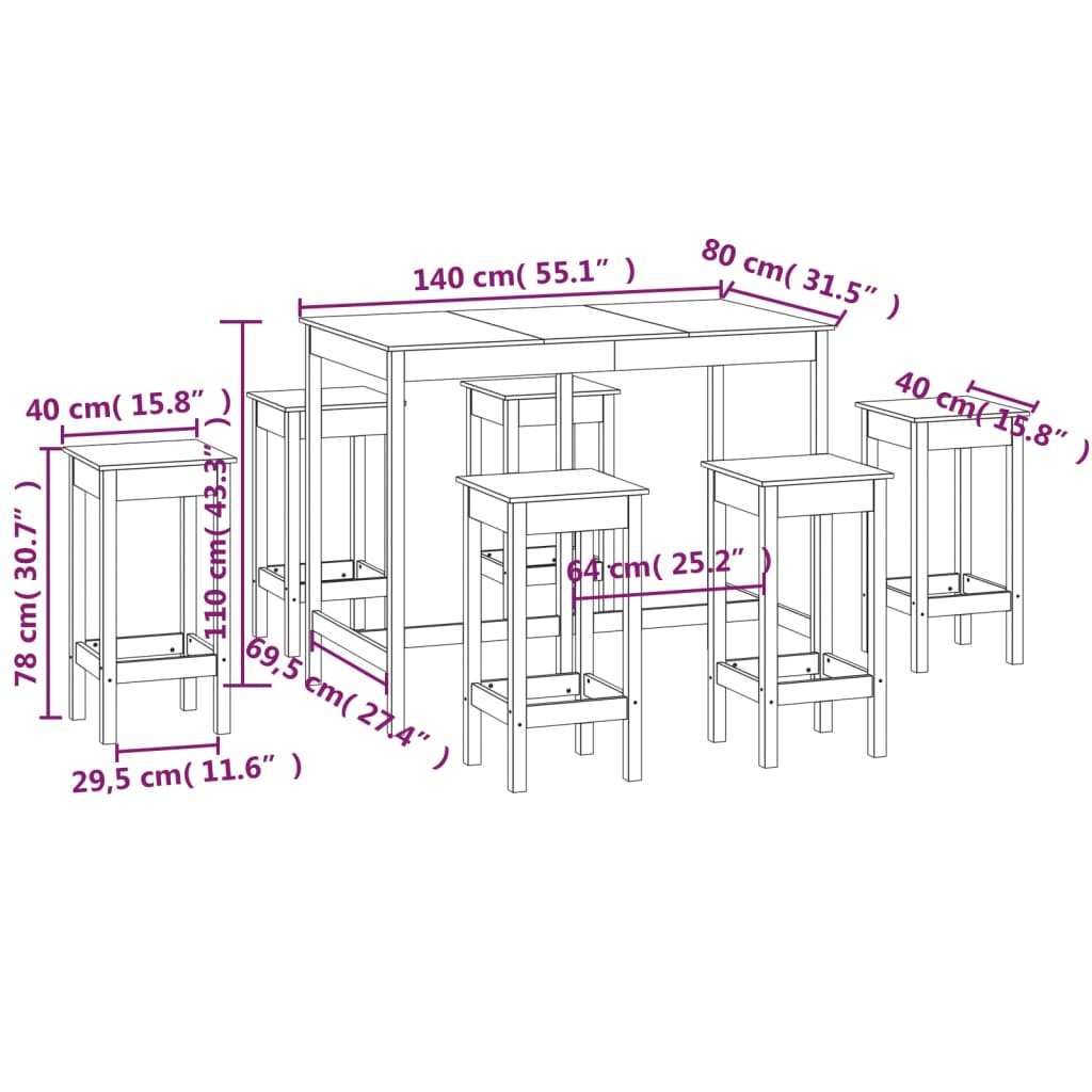 Set mobilier de bar, 7 piese, alb, lemn masiv de pin