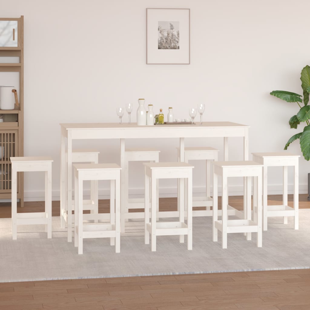 Set mobilier de bar, 9 piese, alb, lemn masiv de pin