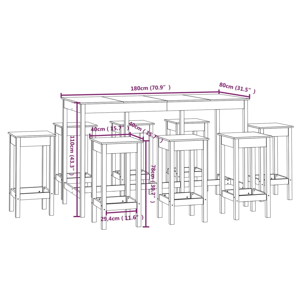 Set mobilier de bar, 9 piese, alb, lemn masiv de pin