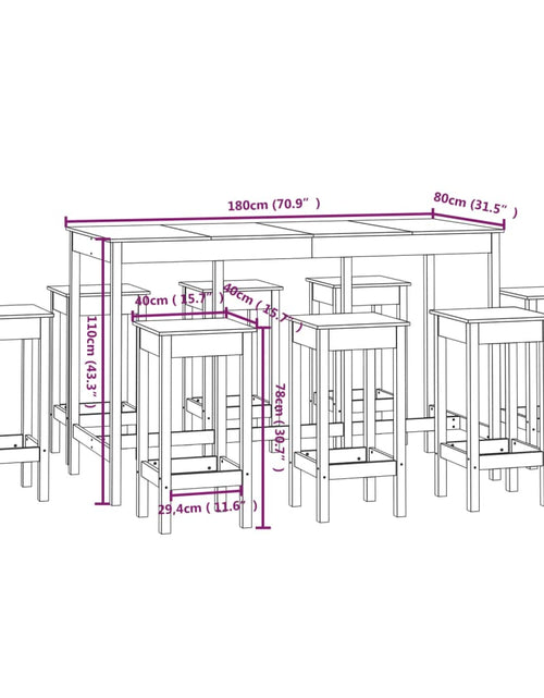 Загрузите изображение в средство просмотра галереи, Set mobilier de bar, 9 piese, negru, lemn masiv de pin
