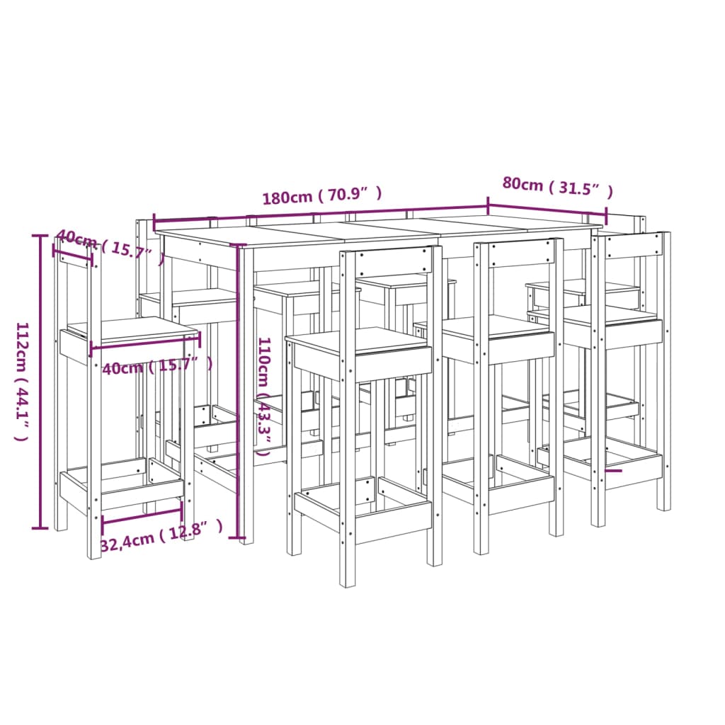 Set mobilier de bar, 9 piese, alb, lemn masiv de pin