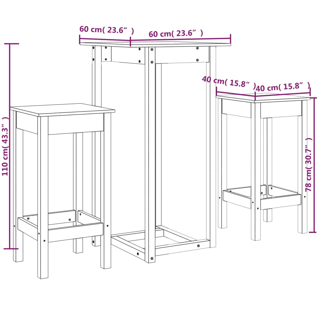 Set mobilier de bar, 3 piese, alb, lemn masiv de pin