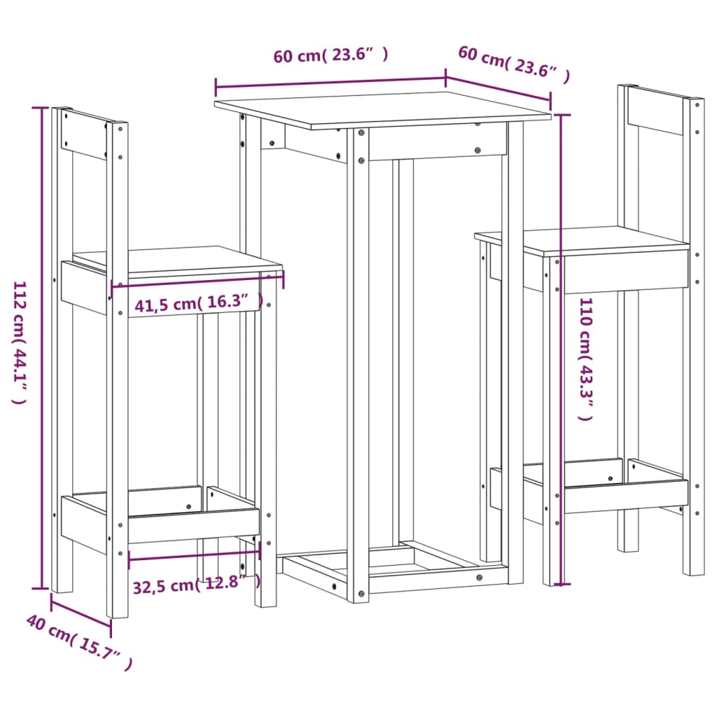 Set mobilier de bar, 3 piese, alb, lemn masiv de pin