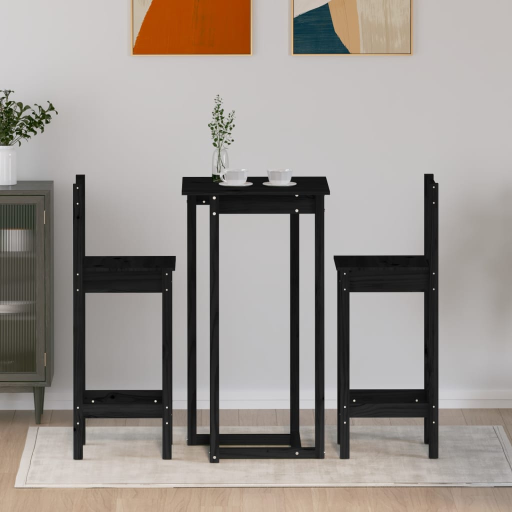 Set mobilier de bar, 3 piese, negru, lemn masiv de pin