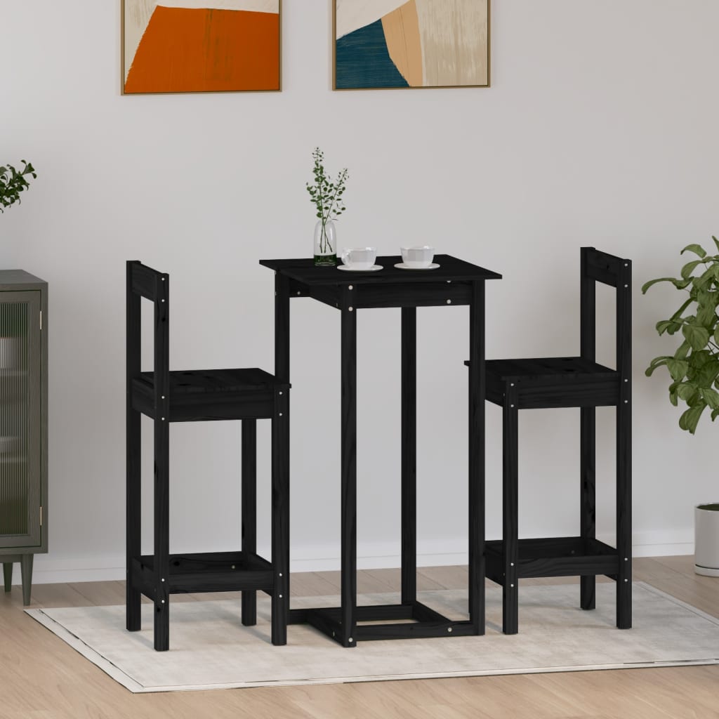 Set mobilier de bar, 3 piese, negru, lemn masiv de pin