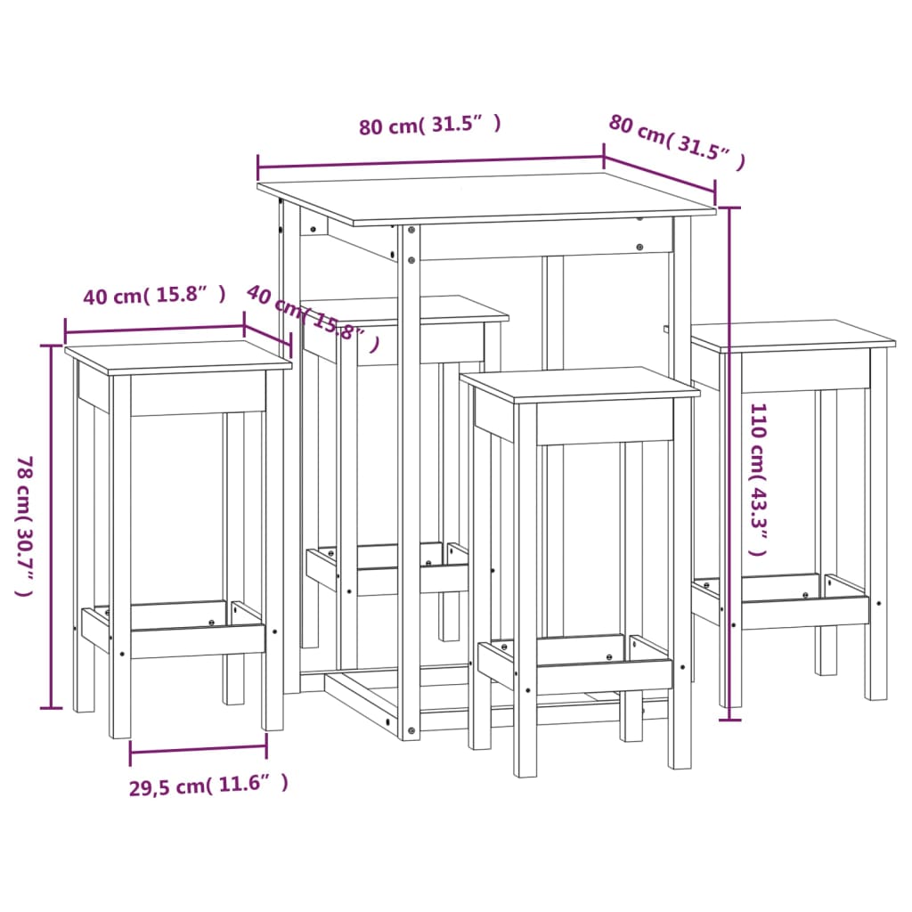 Set mobilier de bar, 5 piese, alb, lemn masiv de pin