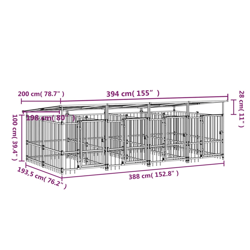 Padoc pentru câini de exterior cu acoperiș, 7,51 m², oțel