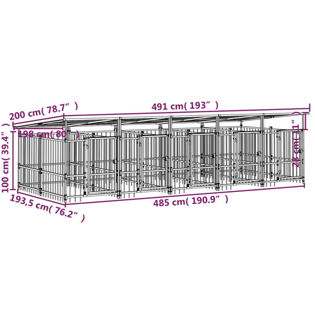 Padoc pentru câini de exterior cu acoperiș, 9,38 m², oțel