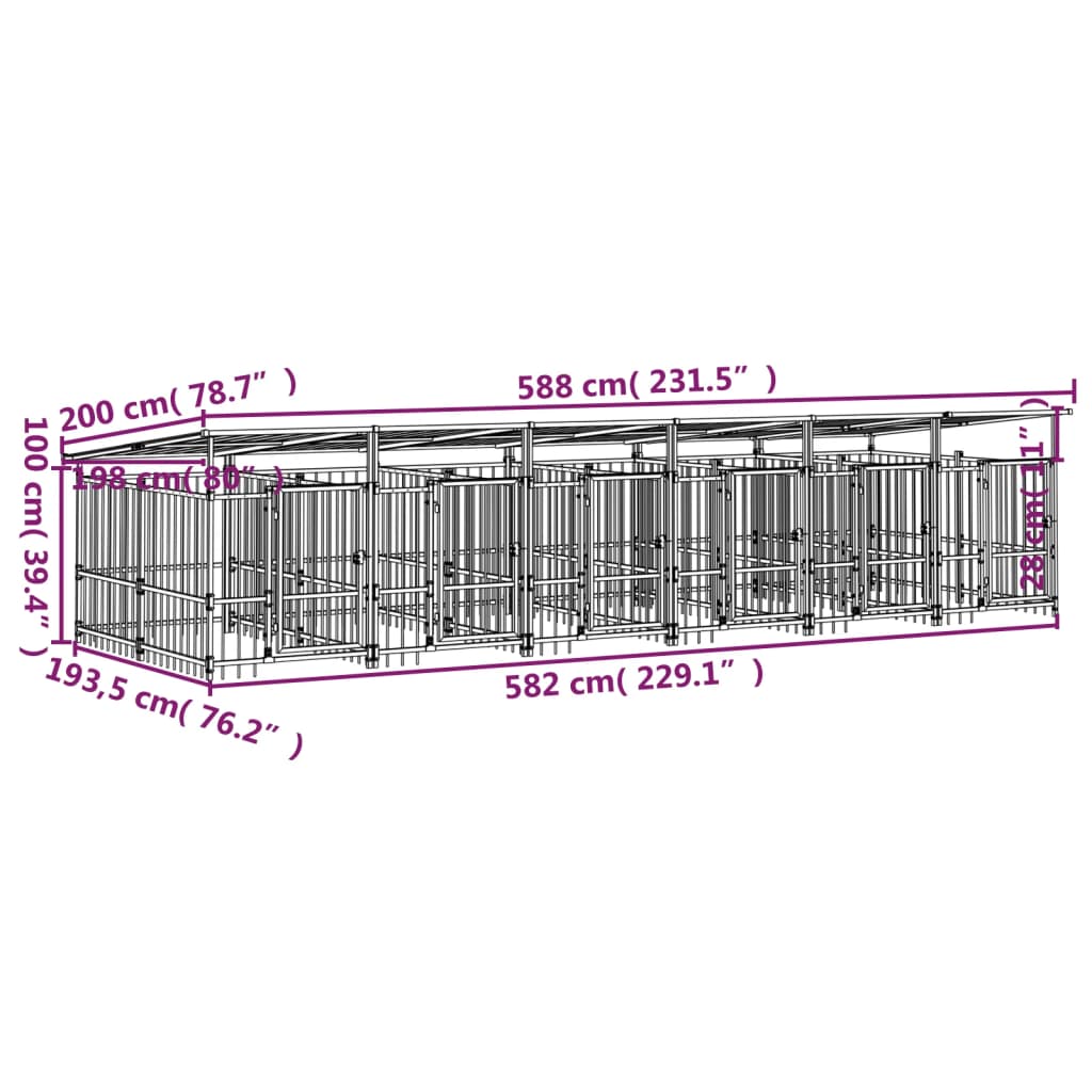 Padoc pentru câini de exterior cu acoperiș, 11,26 m², oțel