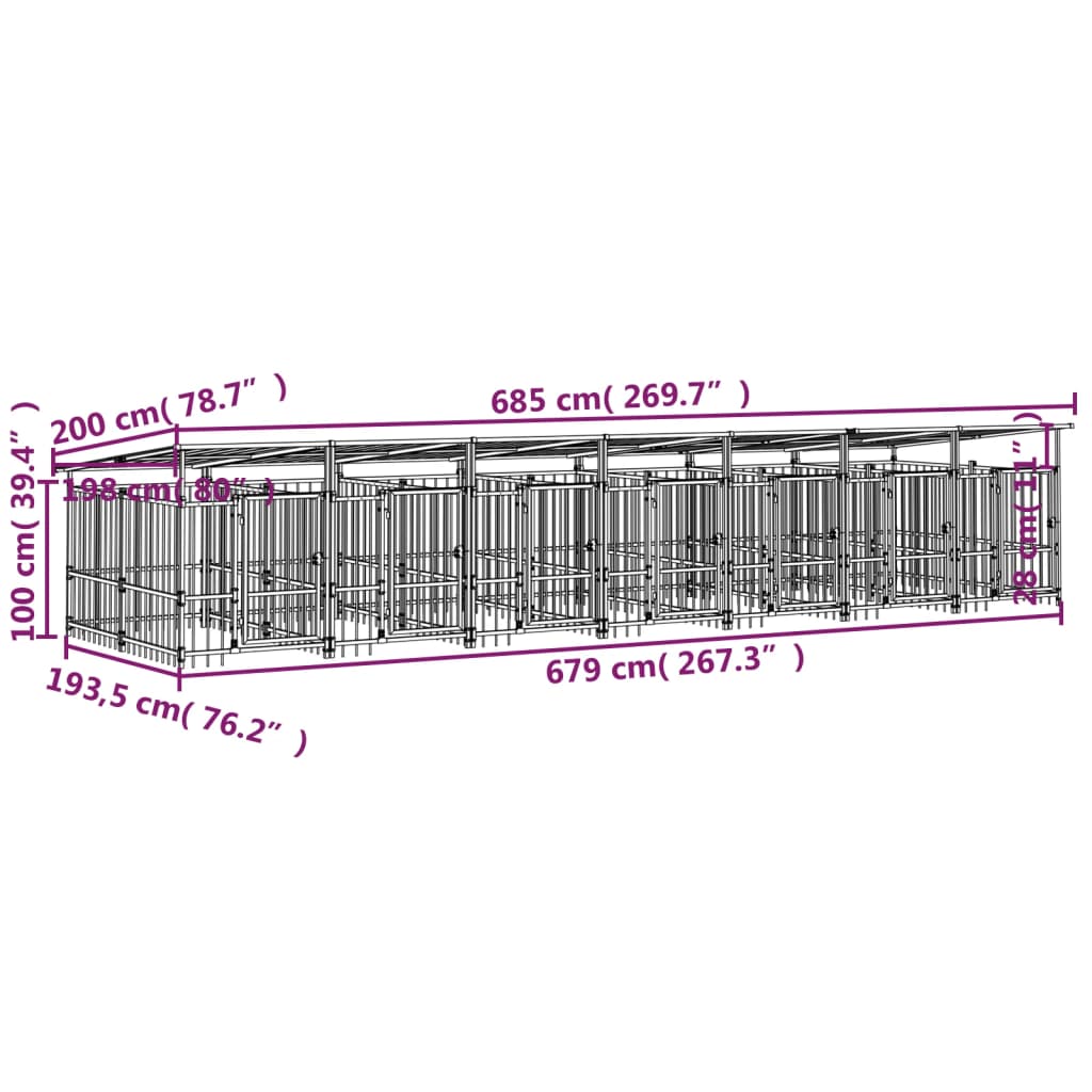 Padoc pentru câini de exterior cu acoperiș, 13,14 m², oțel