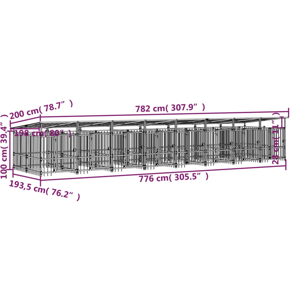 Padoc pentru câini de exterior cu acoperiș, 15,02 m², oțel