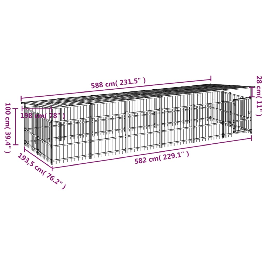 Padoc pentru câini de exterior cu acoperiș, 11,26 m², oțel