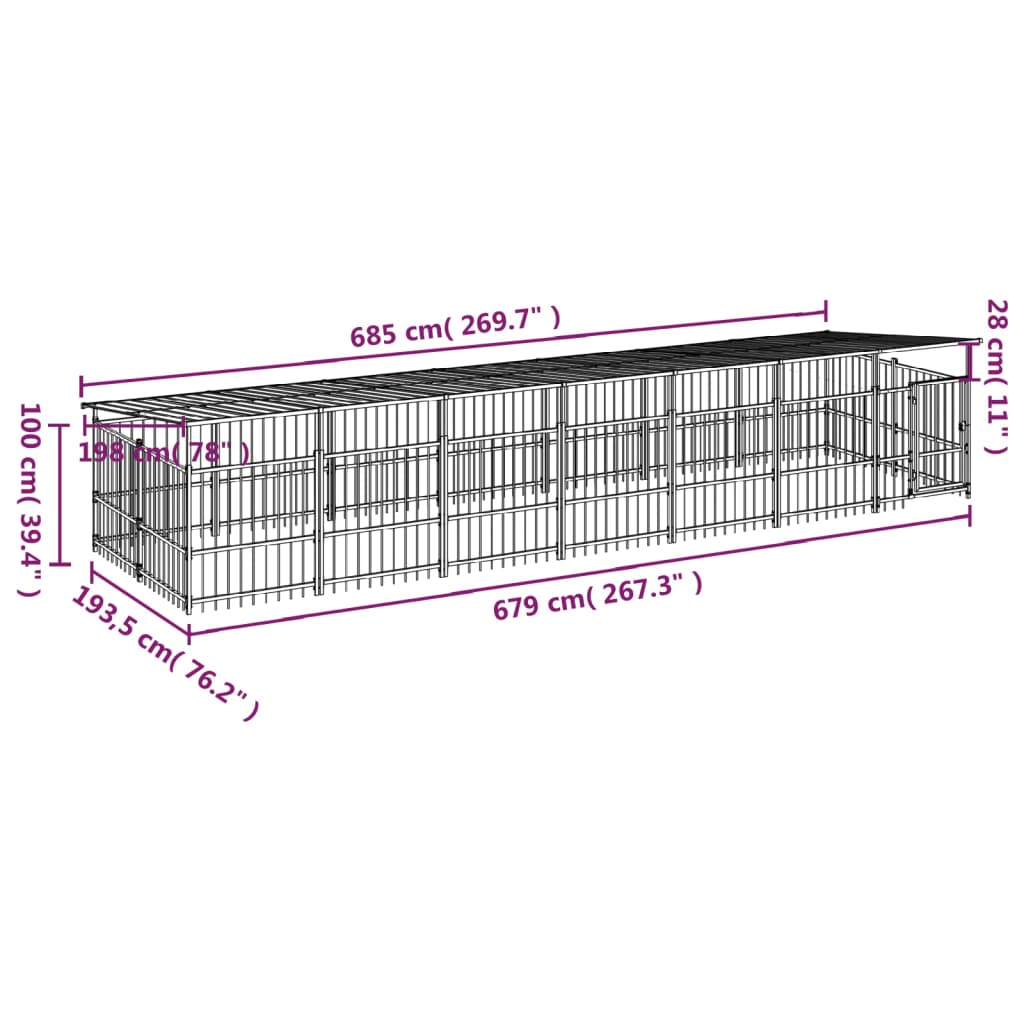 Padoc pentru câini de exterior cu acoperiș, 13,14 m², oțel