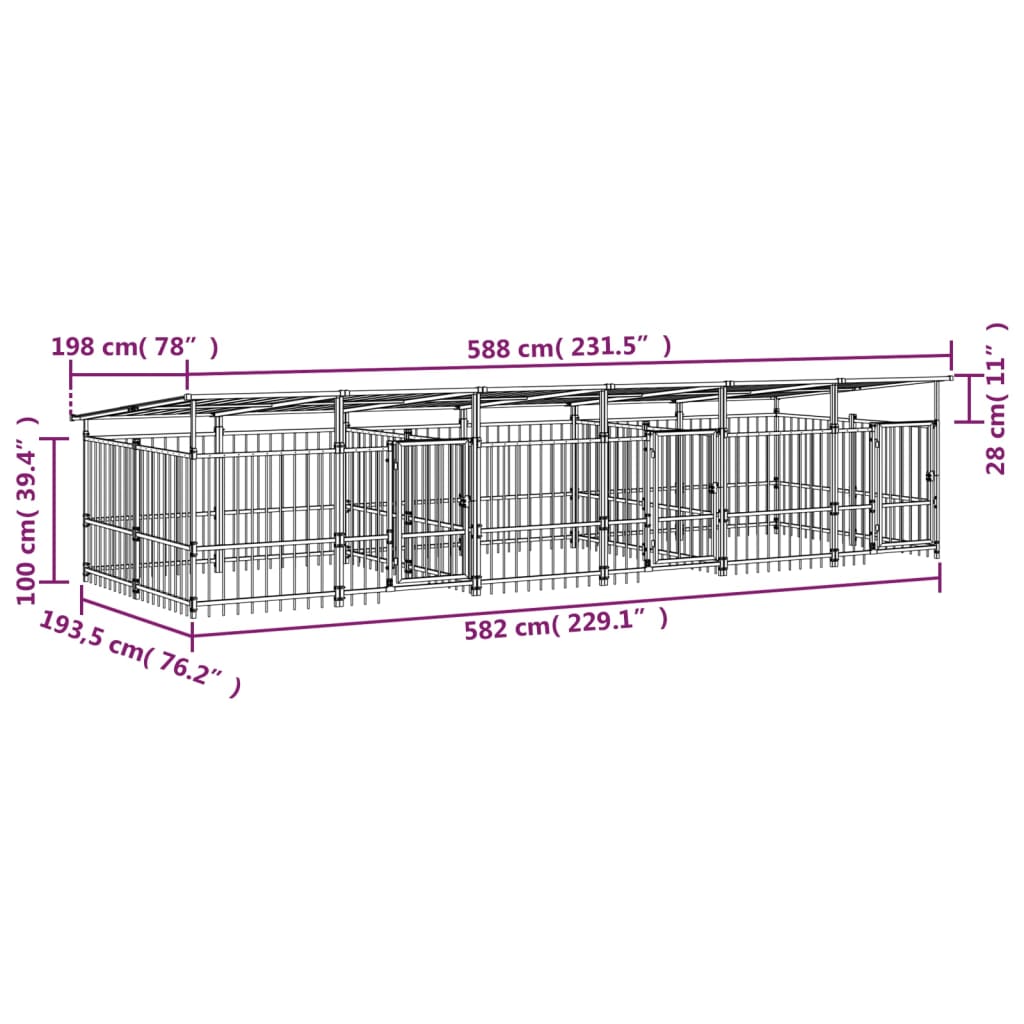 Padoc pentru câini de exterior cu acoperiș, 11,26 m², oțel