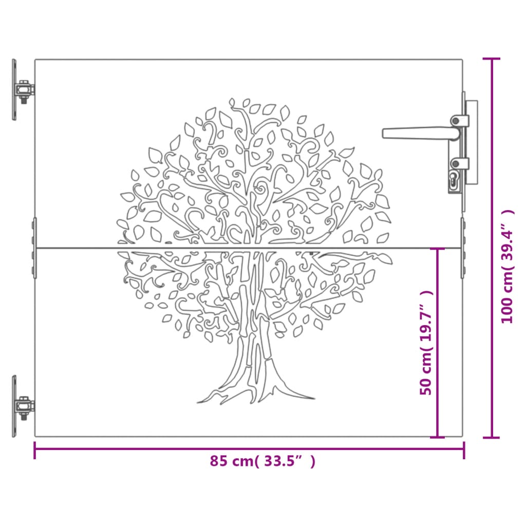 Poartă pentru grădină, 85x100 cm, oțel corten, model copac