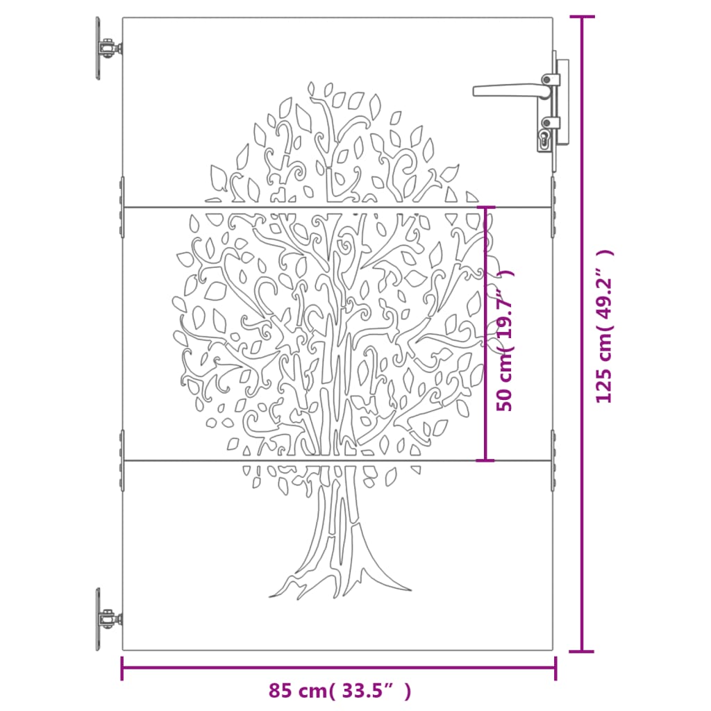 Poartă pentru grădină, 85x125 cm, oțel corten, model copac