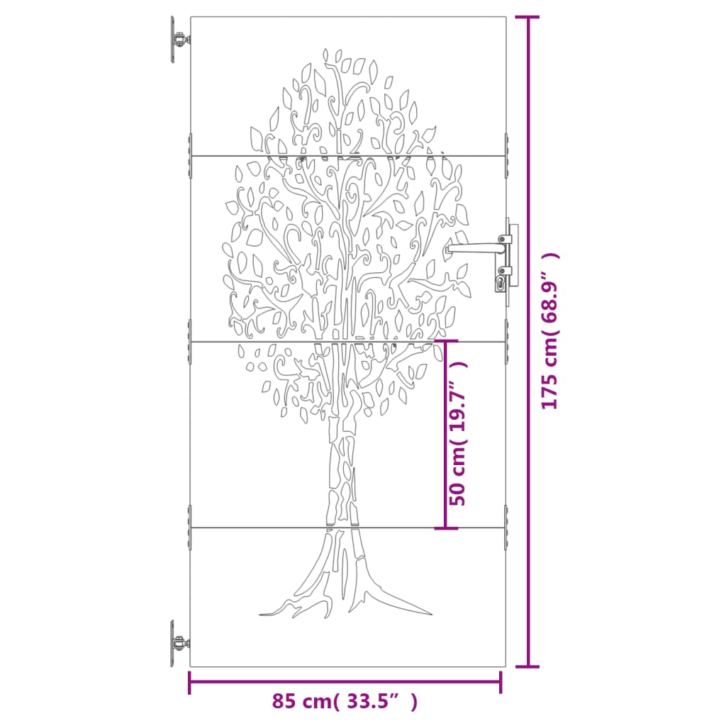 Poartă pentru grădină, 85x175 cm, oțel corten, model copac