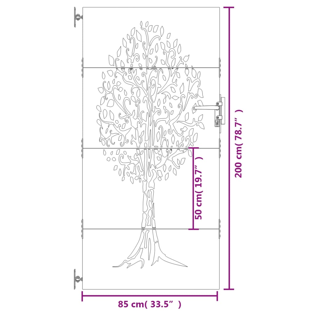 Poartă pentru grădină, 85x200 cm, oțel corten, model copac