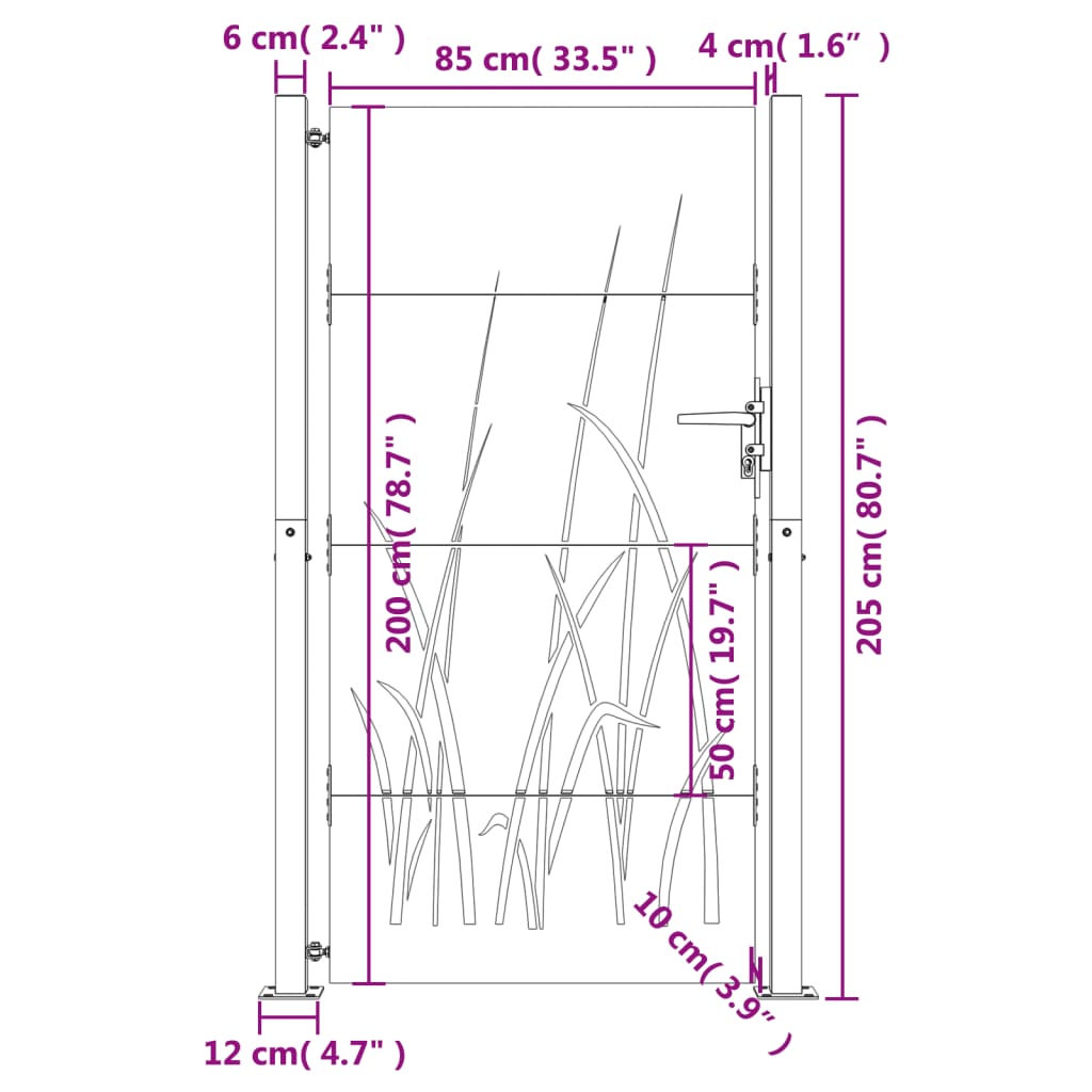 Poartă pentru grădină, 105x205 cm, oțel corten, model iarbă