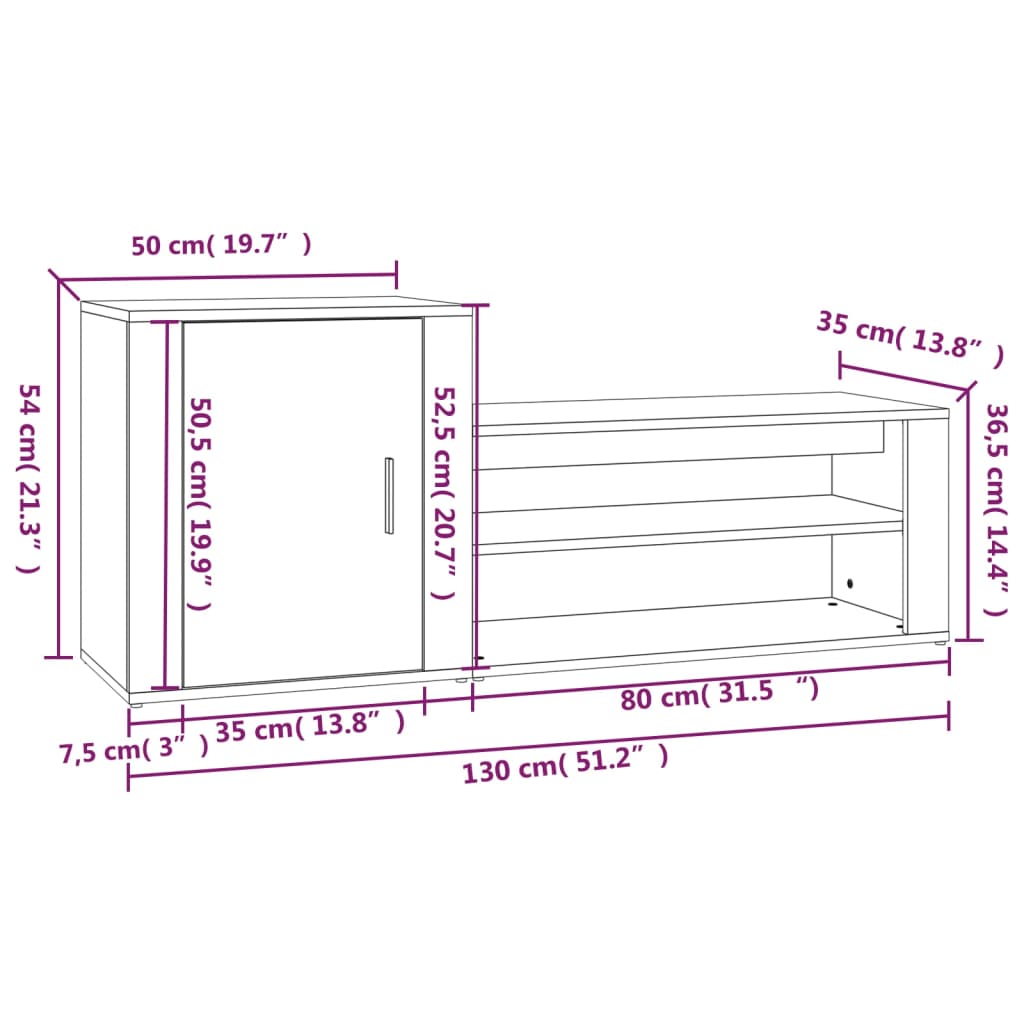 Pantofar, stejar fumuriu, 130x35x54 cm, lemn compozit