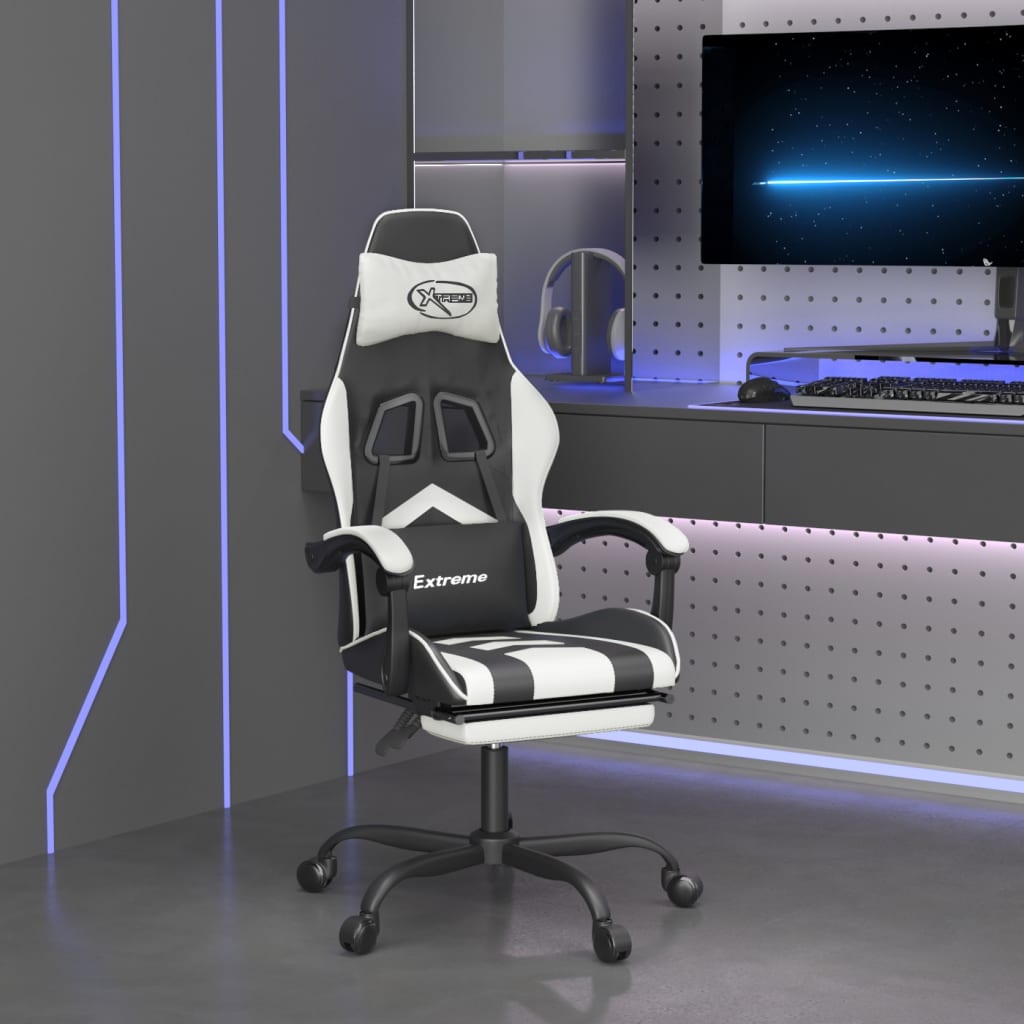 Scaun de gaming cu suport picioare, negru/alb, piele ecologică