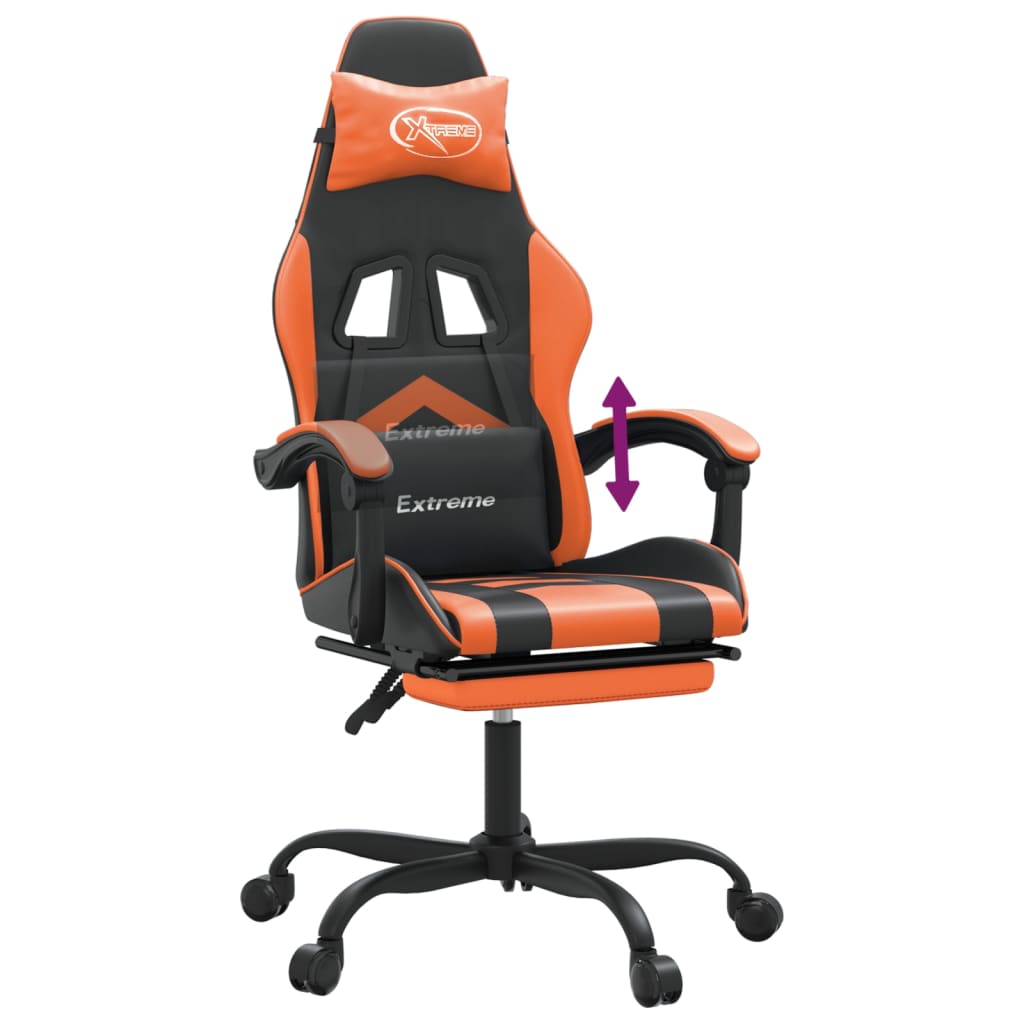 Scaun de gaming cu suport picioare, negru/oranj, piele eco