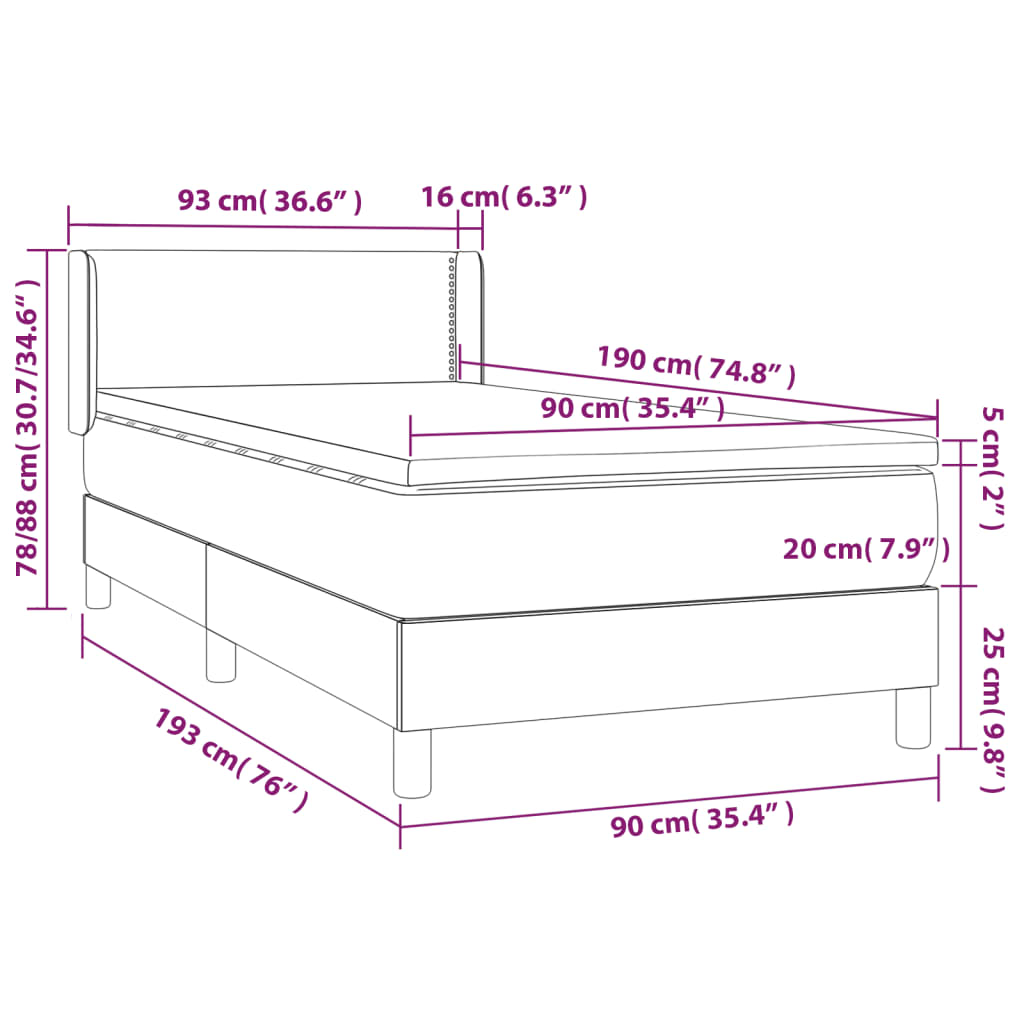 Pat box spring cu saltea, gri deschis, 90x190 cm, textil