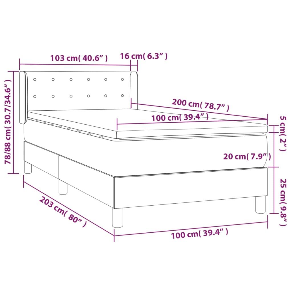 Pat box spring cu saltea, gri deschis, 100x200 cm, textil