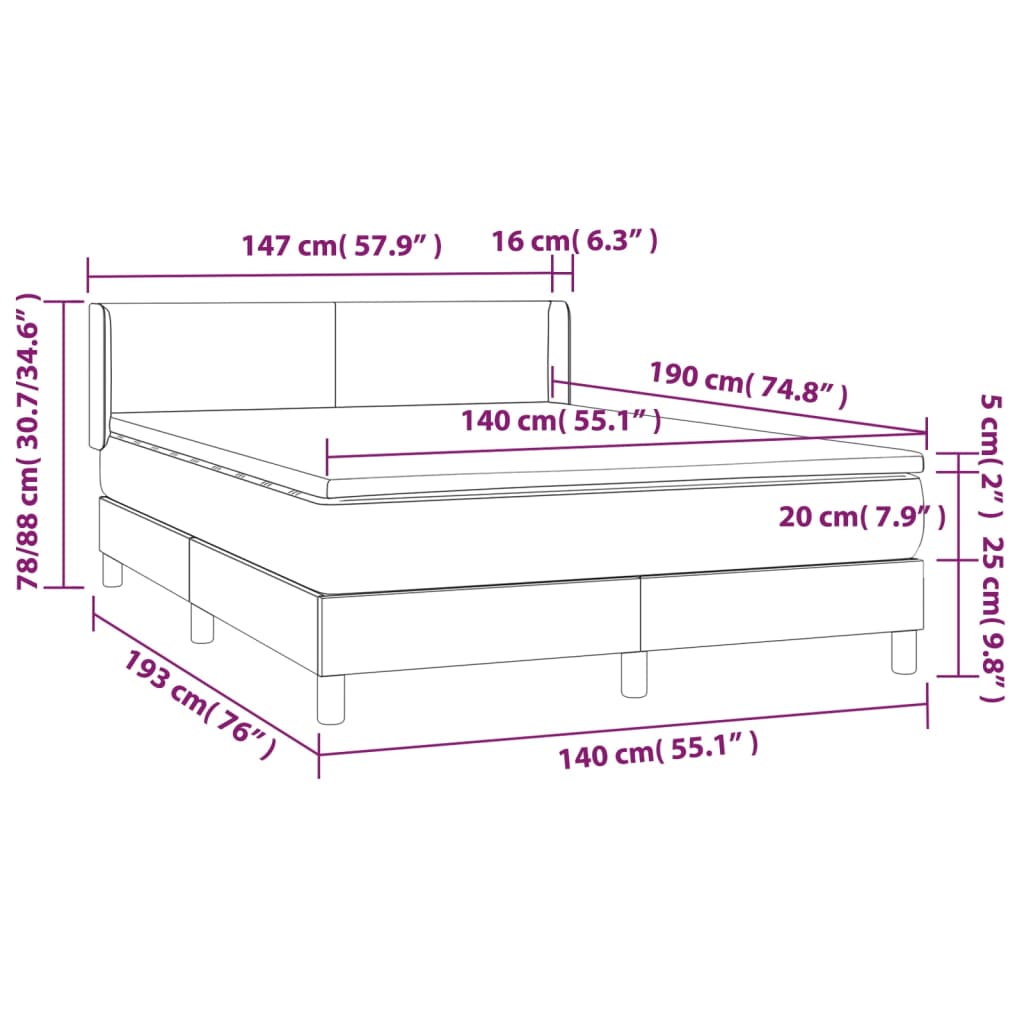 Pat box spring cu saltea, alb, 140x190 cm, piele ecologică