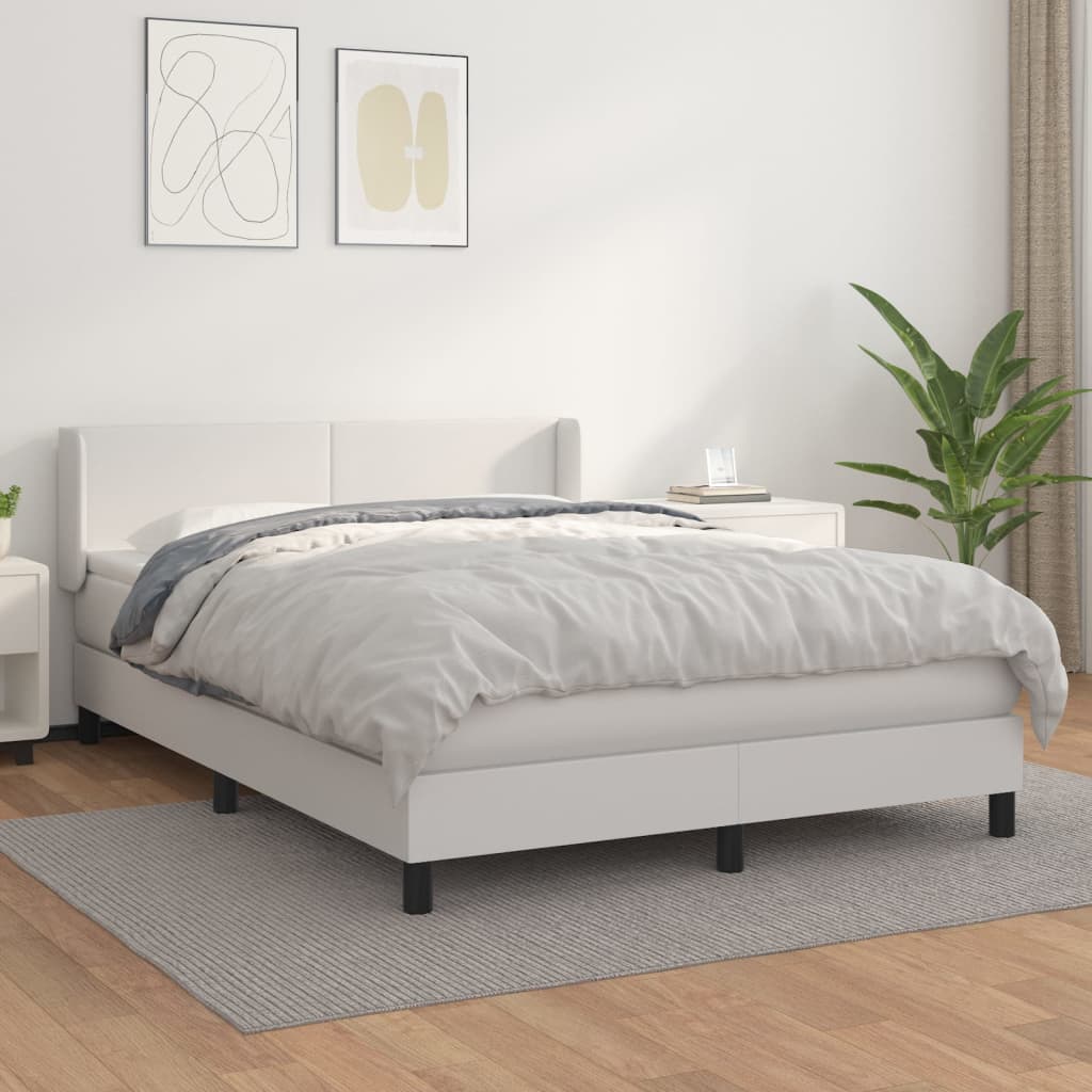 Pat box spring cu saltea, alb, 140x200 cm, piele ecologică